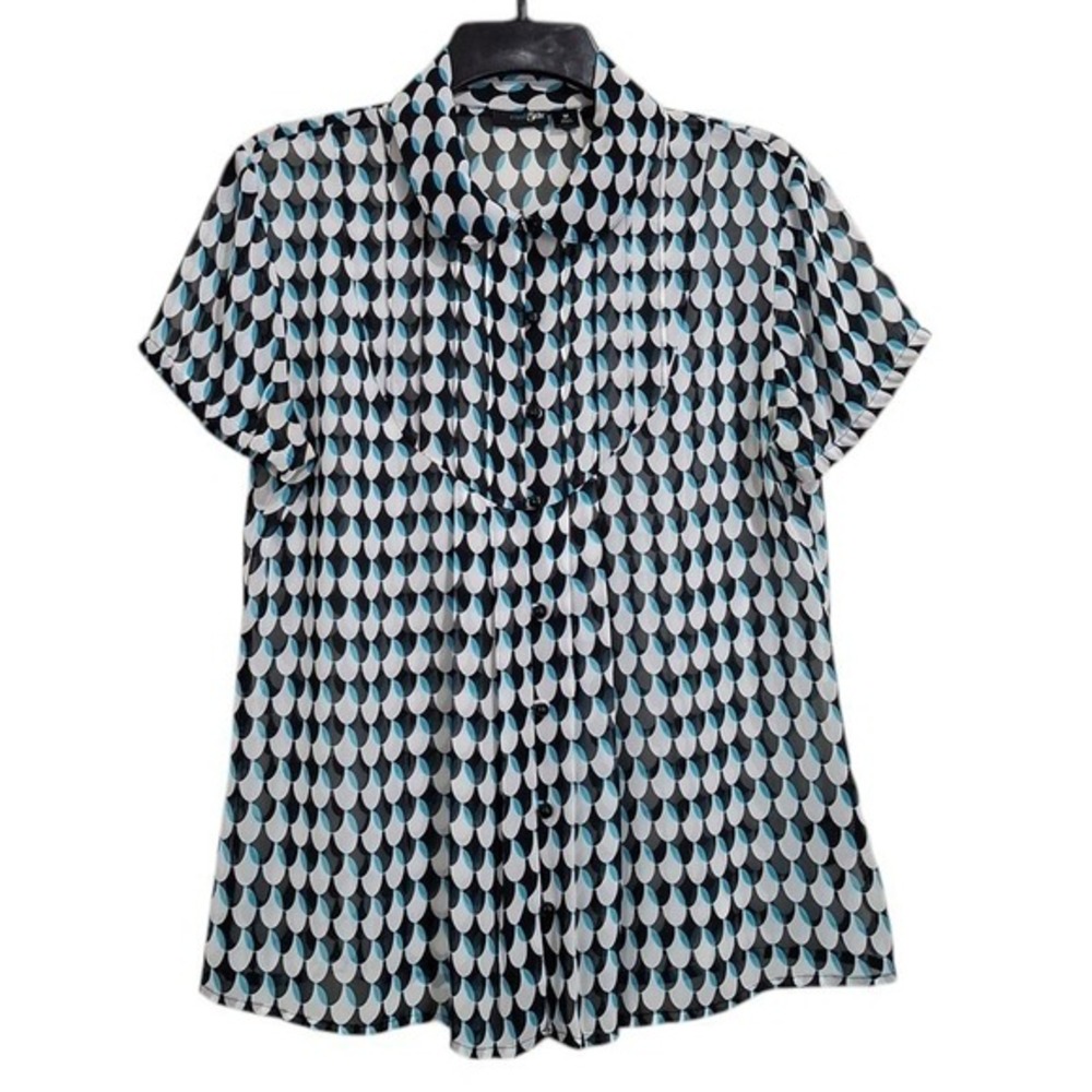 East 5th Women Top Medium Black White Blue Geometric Pleated Button-Up Blouse